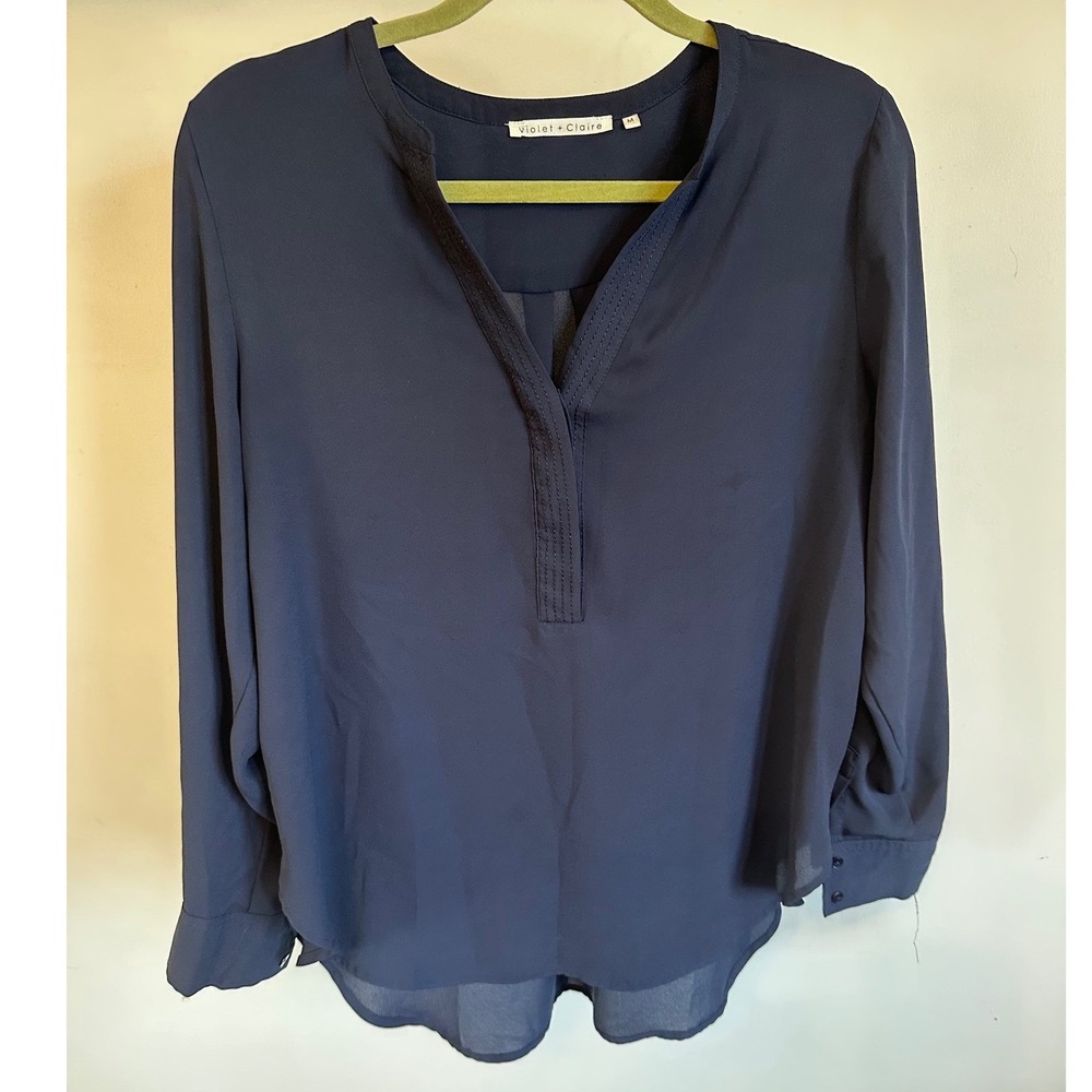 Violet +‎ Claire Navy Blue V-Neck Pintuck Long Sleeve Blouse Top Womens Medium